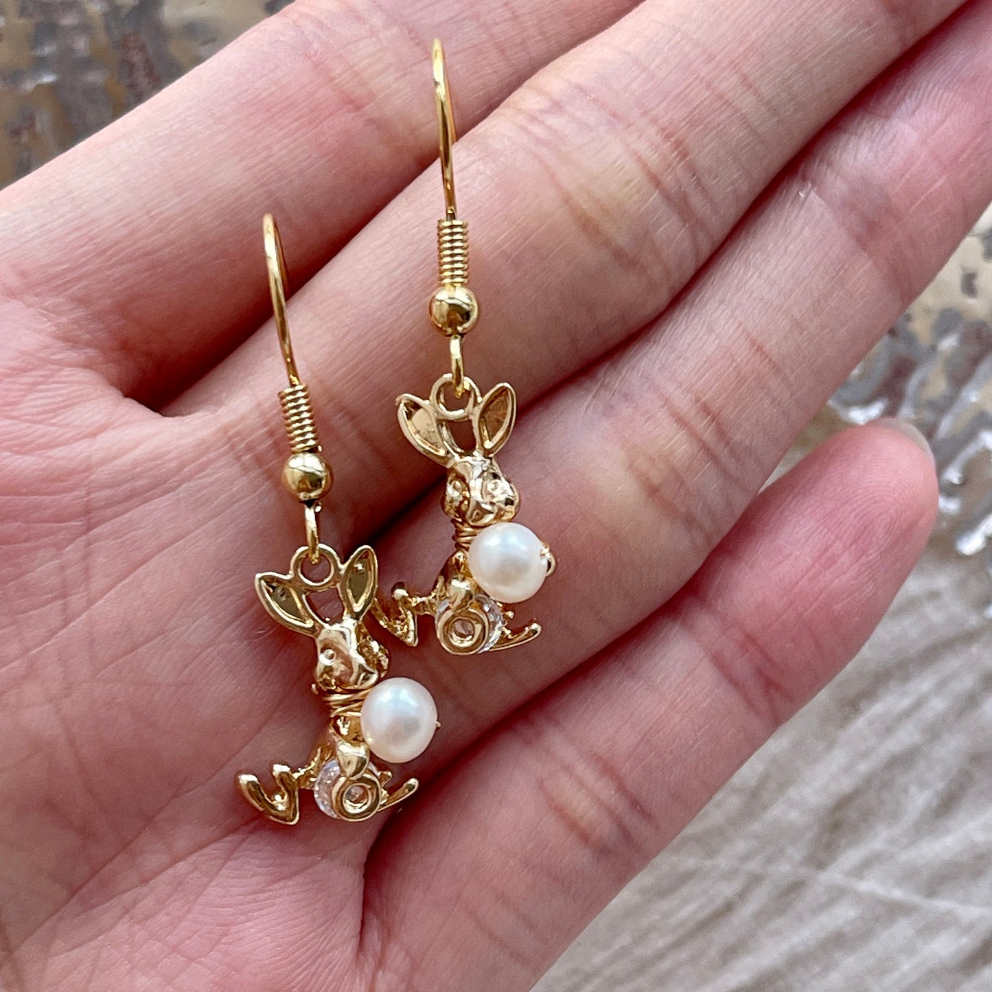 Handmade bunny earrings, 14K gold-filled dangle earrings, Natural pearl earrings, Rabbit earrings, Cute animal earrings, Unique Jewelry