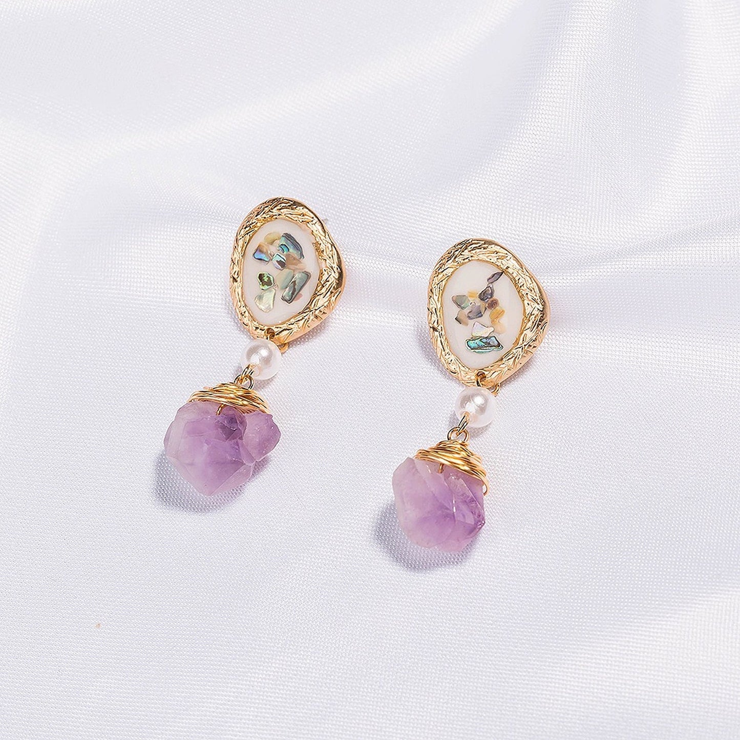 Natural raw purple crystal earrings, 14K gold filled natural pearl handmade earrings, Natural shell earrings, Lilac amethyst quartz earrings