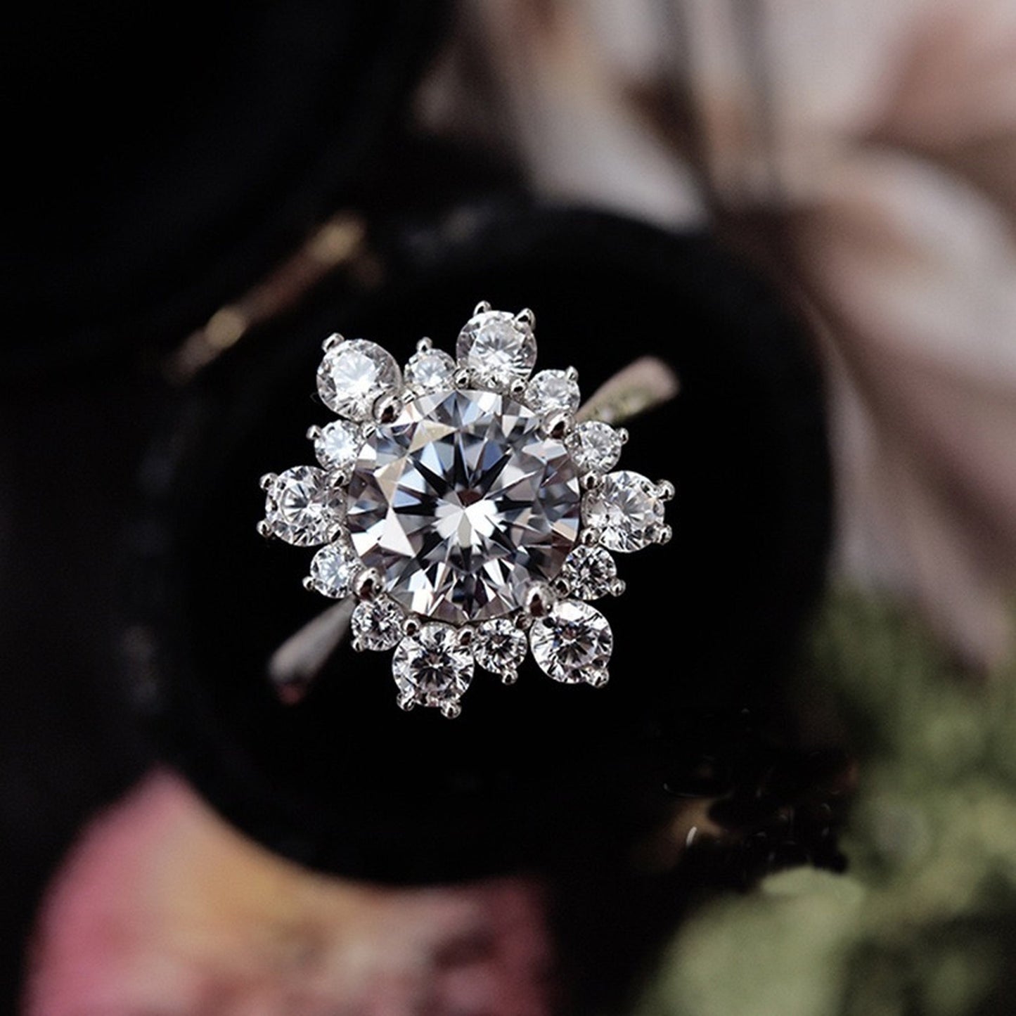 Moissanite Engagement Ring, 3 Carat Round Diamond Ring, Moissanite Bridal Wedding Ring, Blossom Floral Halo Promise Ring, Eternity Bands