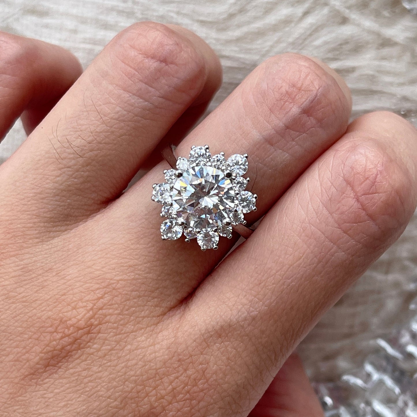 Moissanite Engagement Ring, 3 Carat Round Diamond Ring, Moissanite Bridal Wedding Ring, Blossom Floral Halo Promise Ring, Eternity Bands