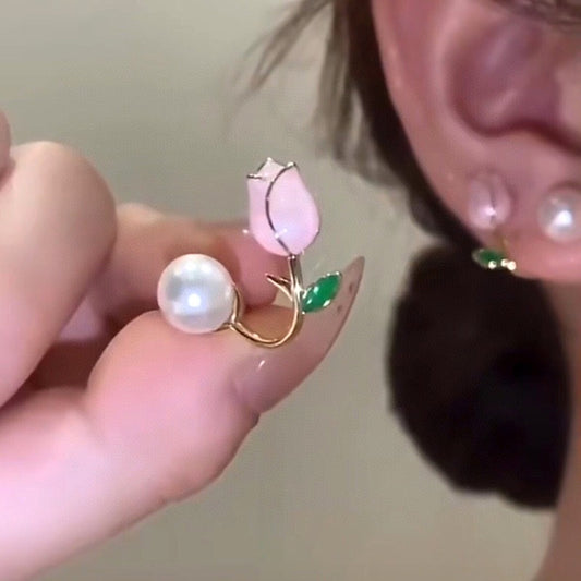 Tulip Flower Earrings, 2 Way Earrings, Natural Pearl Studs, Pink Rose Earrings, 14K Gold-filled Earrings, Handmade Delicate Gifts, Cute Y2K