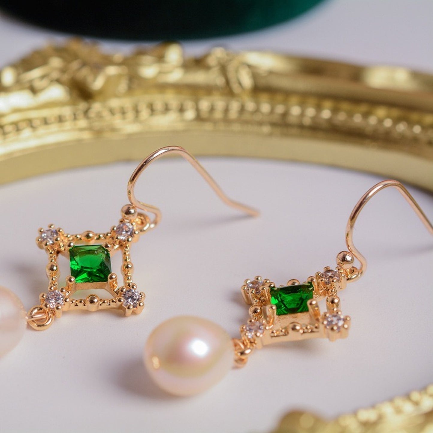 Emerald Natural Pearl Dangle Earrings, 14K Gold-filled Lace Earrings, Green Emerald Earrings, Bridesmaid Bridal Wedding Earrings, Gift Ideas
