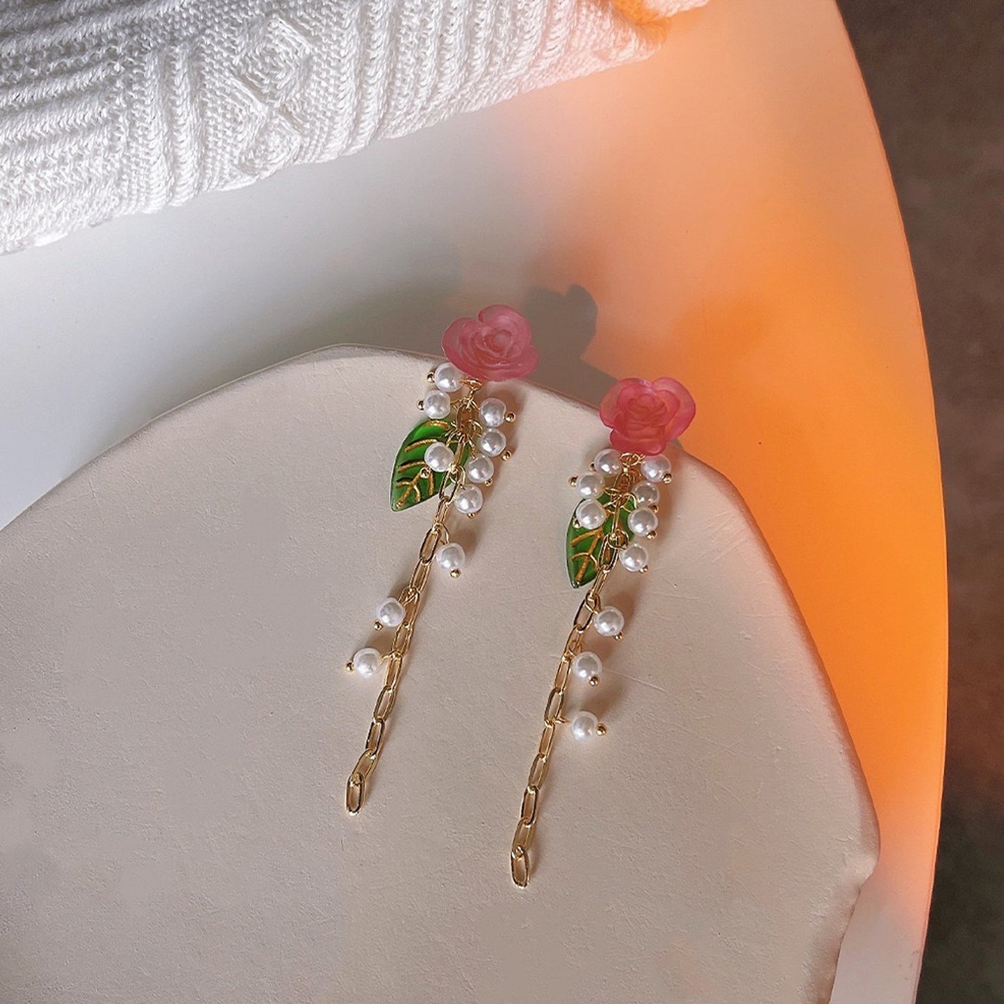 Pink flower earrings, Bohemian floral earrings, Multi layer dangle earrings, Green leaf earrings, Cluster pearl earrings, Fashion y2k gifts