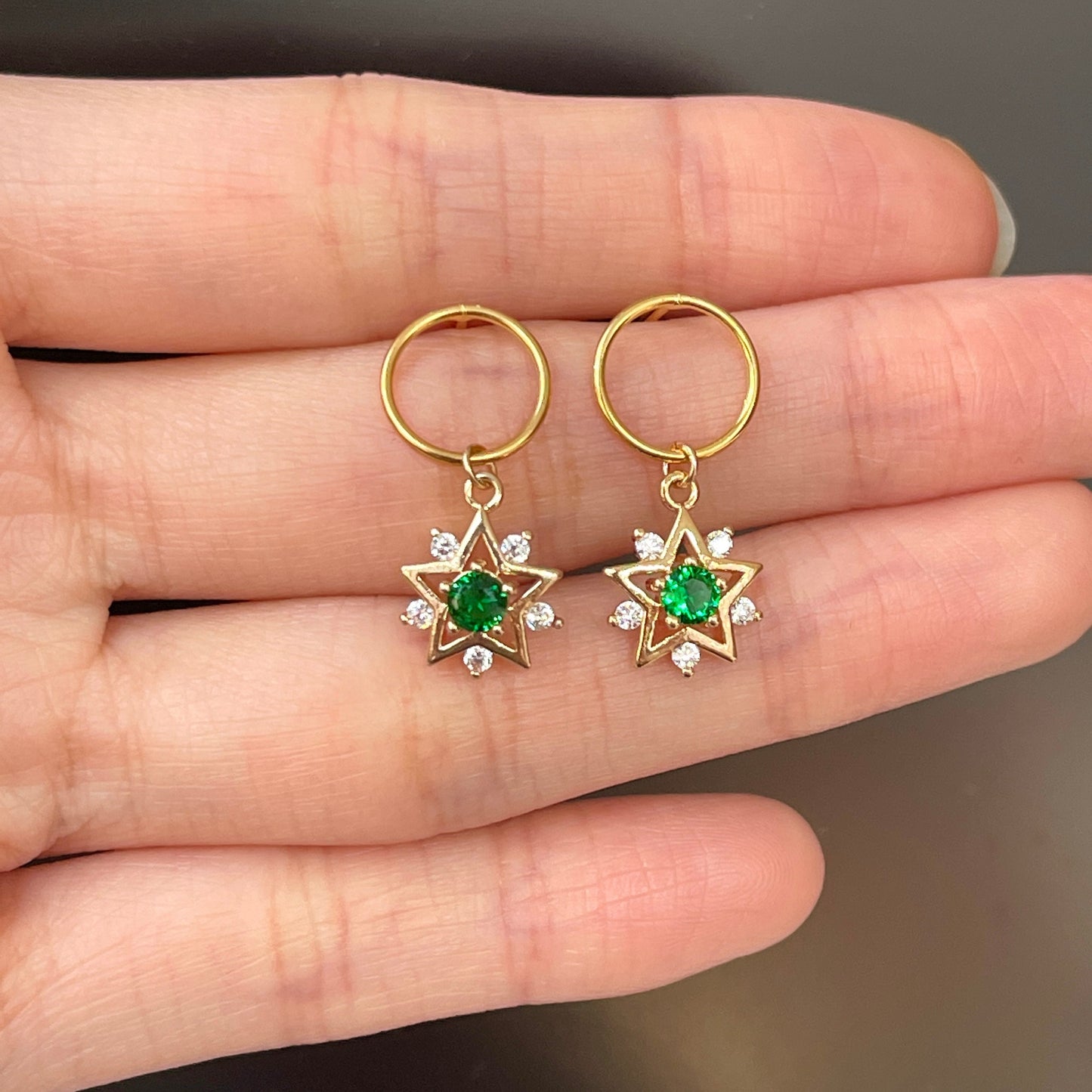 Emerald gold earrings, Emerald green earrings, Golden north star earrings, Gold starburst earrings, Handmade delicate gift, Minimalist hoop