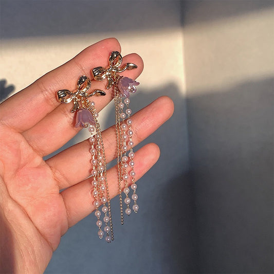 Purple flower earrings, Gold bow ribbon earrings, Long pearl drop earrings, Multi layer tassel earrings, Girly princess party earrings, Gift