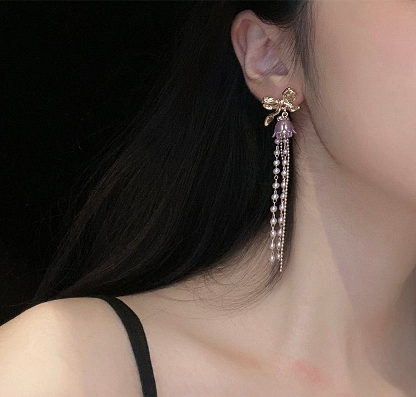 Purple flower earrings, Gold bow ribbon earrings, Long pearl drop earrings, Multi layer tassel earrings, Girly princess party earrings, Gift