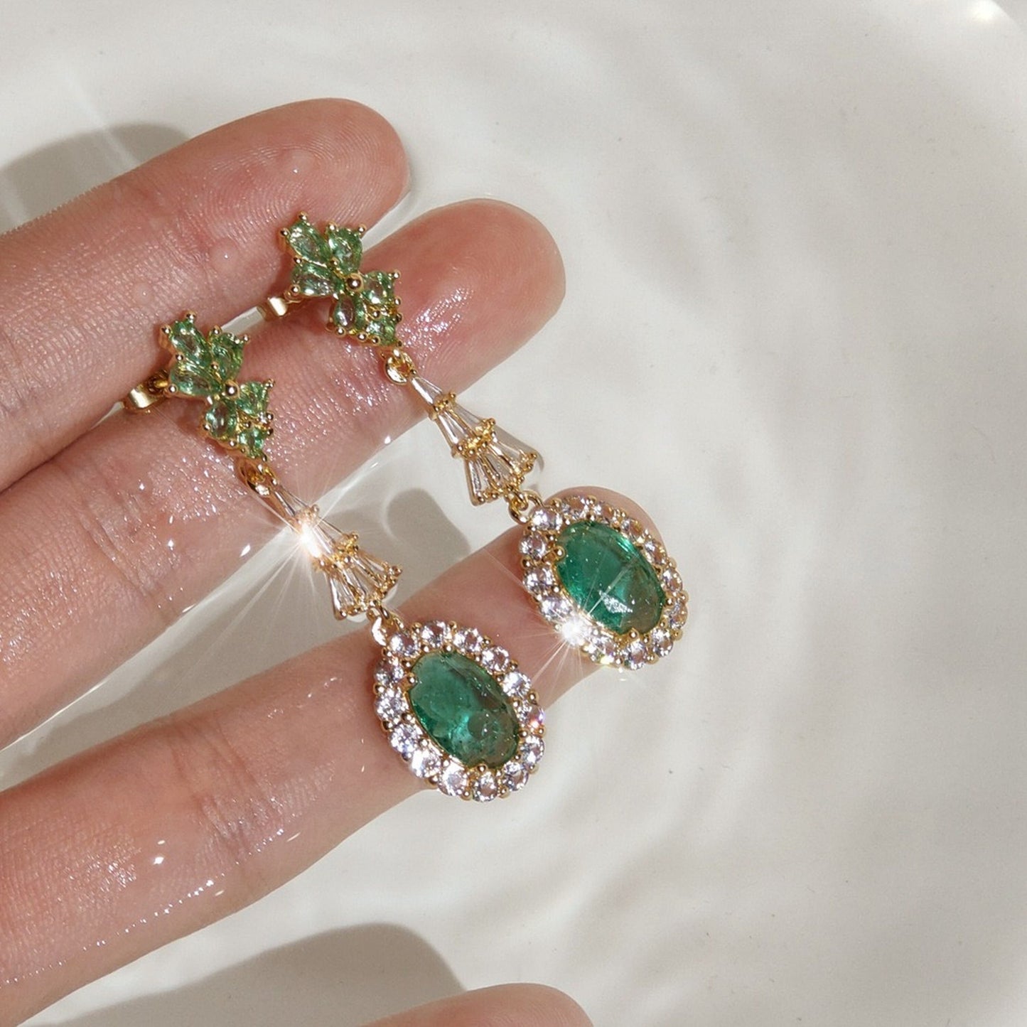 Glamorous Green Gemstone Earrings, 14K Gold-plated Vintage Gatsby Earrings, Crystal Diamond Dangle Earrings,  Wedding Bridal Bridesmaid Gift