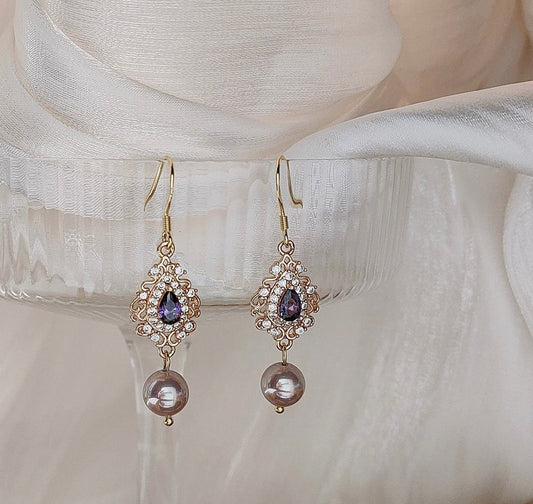 Purple pearl 14K gold lace earrings, Amethyst teardrop diamond cz earrings, Purple Bridesmaid wedding handmade gifts, Vintage style jewelry