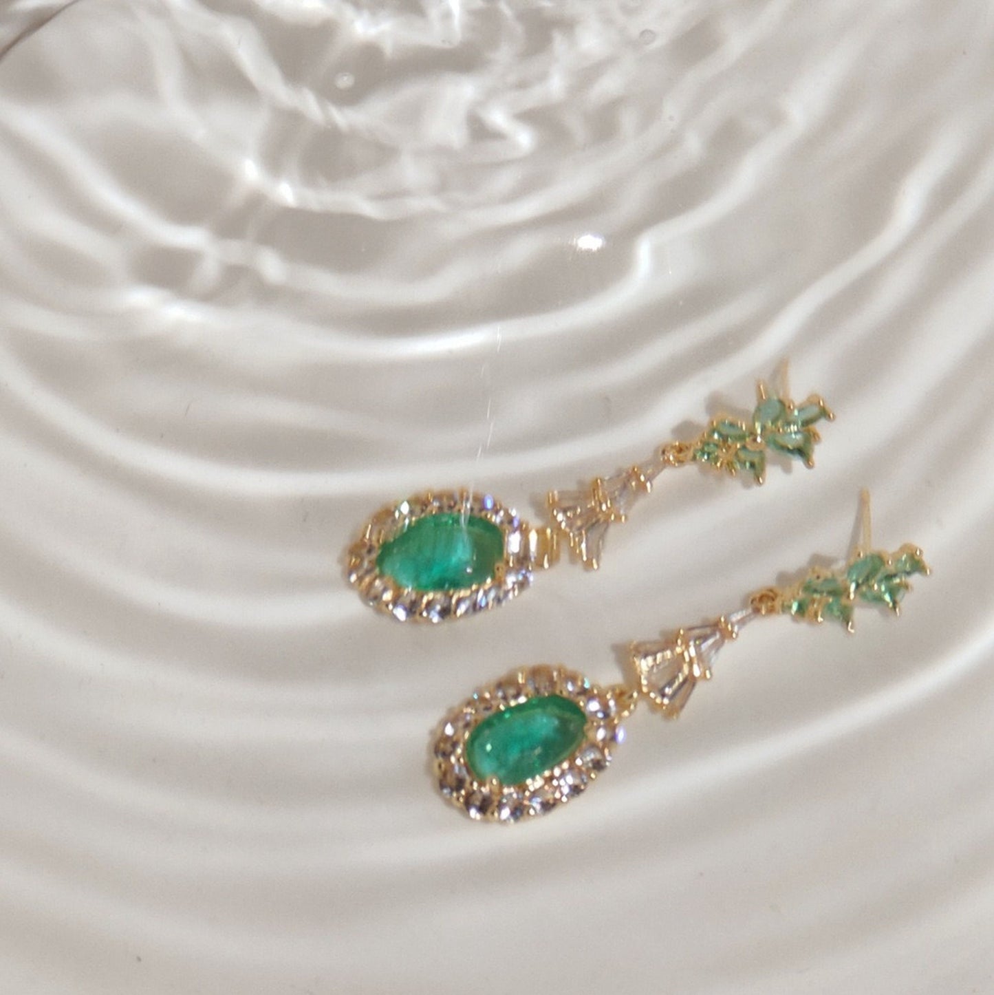 Glamorous Green Gemstone Earrings, 14K Gold-plated Vintage Gatsby Earrings, Crystal Diamond Dangle Earrings,  Wedding Bridal Bridesmaid Gift