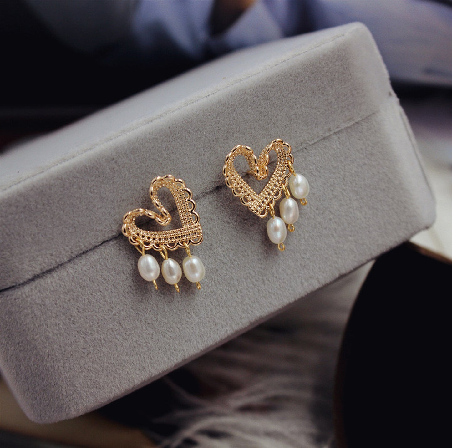 Romantic gold lace heart stud earrings, Freshwater pearl drop dangle earrings, Vintage baroque jewelry, Hallow heart hoop earrings, Delicate