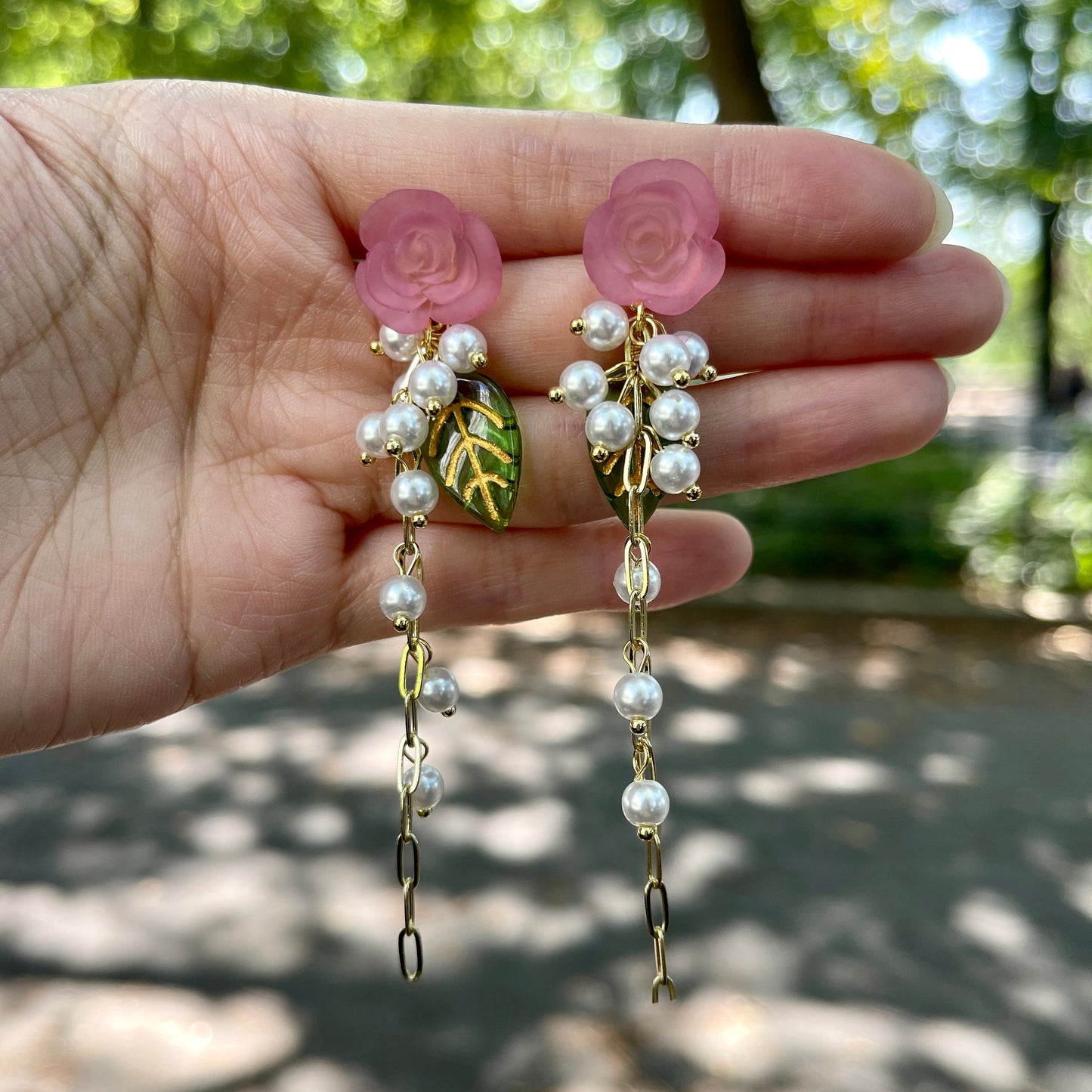 Pink flower earrings, Bohemian floral earrings, Multi layer dangle earrings, Green leaf earrings, Cluster pearl earrings, Fashion y2k gifts