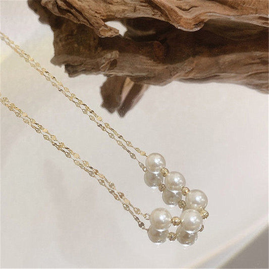 Natural Freshwater Pearl Layered Necklace, 14K Gold Curved Bar Chain Necklace, Minimalist Layer Necklace, Dainty Mirror Chain Necklace, Gift