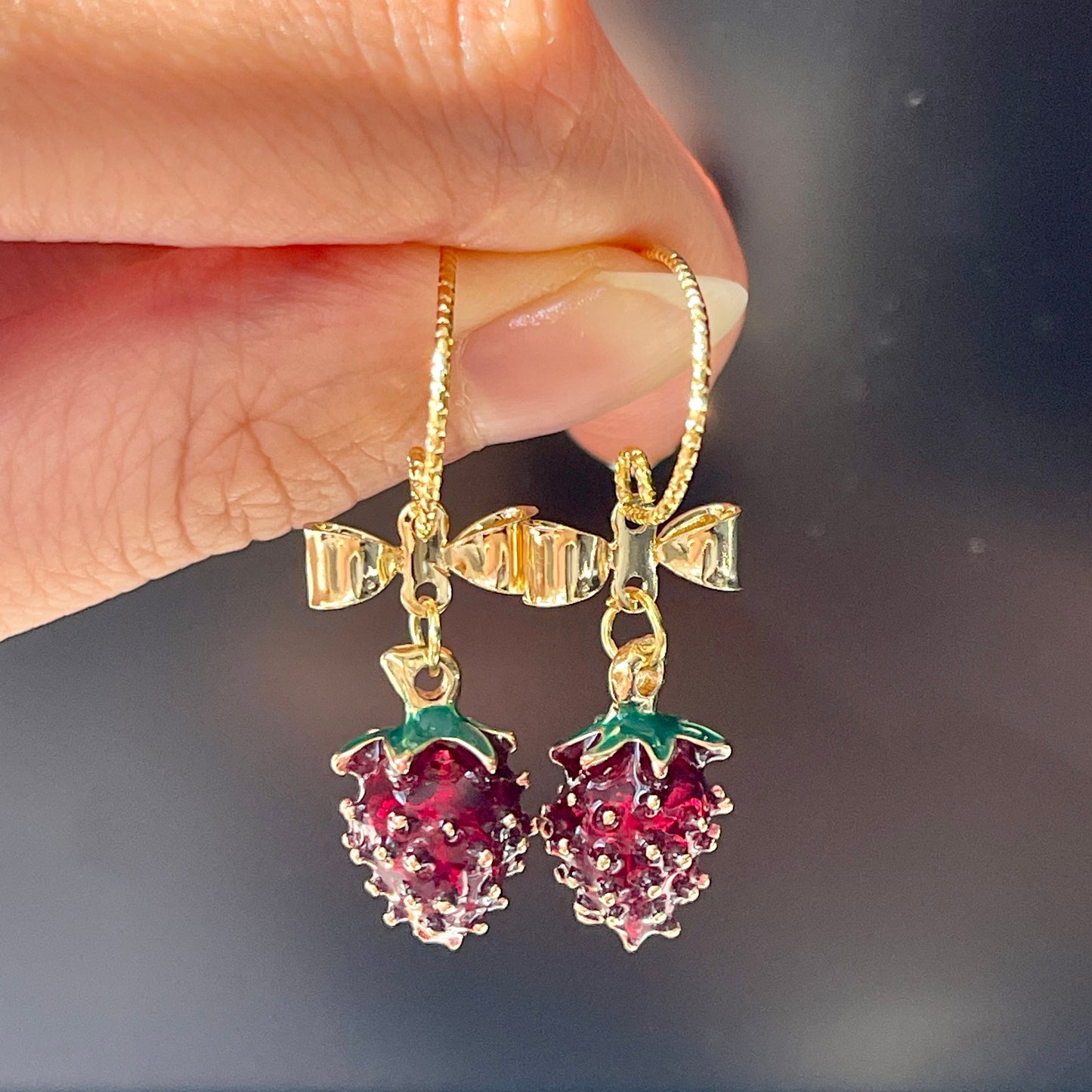 Delicate Red Strawberry Earrings, 14K Gold Bow Ribbon Earrings, Burgundy Red Earrings, Fruit Miniature Earrings, Cute Birthday Holiday Gift