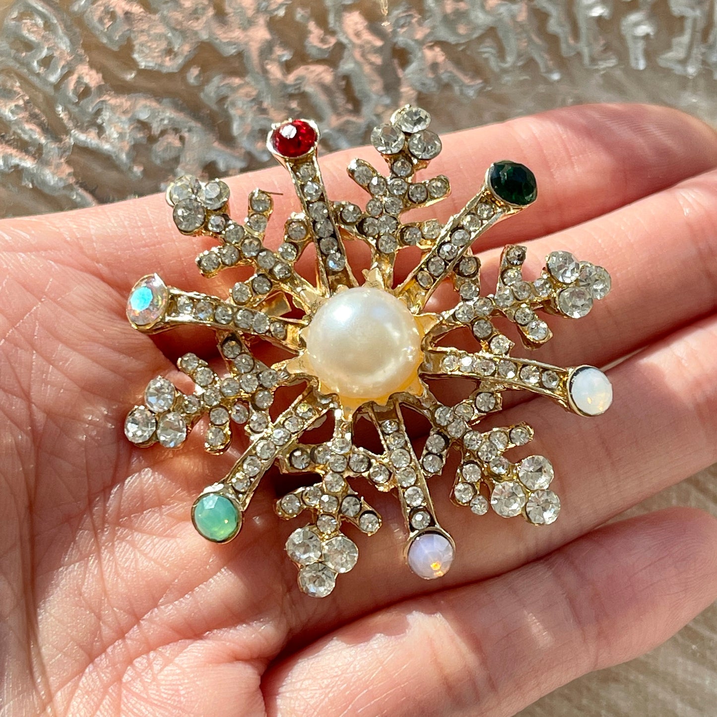 Sparkling Snowflake Brooch, Winter Holiday Christmas Accessory Jewelry, Gold Pearl Cubic Zirconia Brooch, Handmade Christmas Gift for women