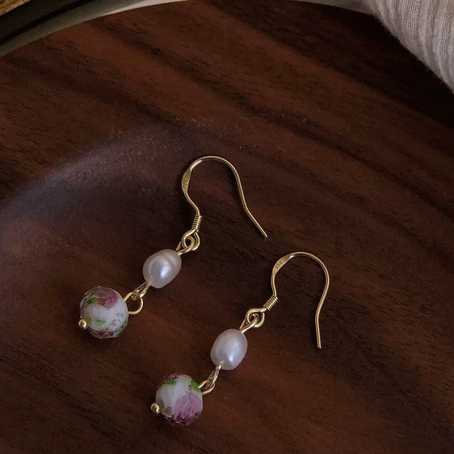 Vintage wild rose earrings, Natural pearl earrings, Flower drop earrings, Gold glass ball dangle earrings, Delicate handmade gift for mom