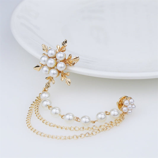 Gold Snowflake Brooch, Baroque Pearl Snowflake Brooch, Link Chain Dangle Brooch, Floral Pearl Statement Lapel Pin, Christmas Jewelry Gift