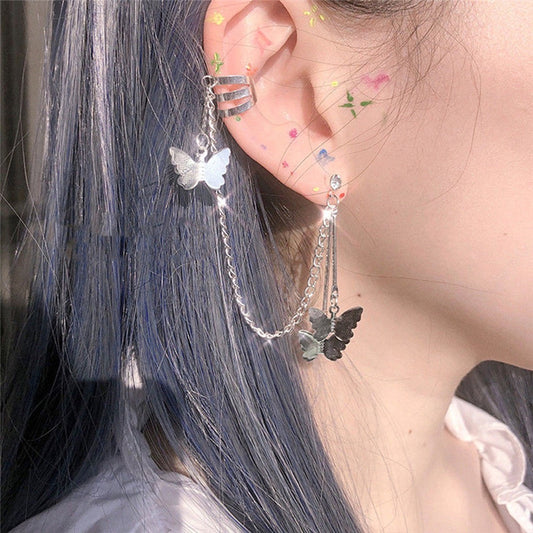 Silver dangle ear cuff, Multi layer butterfly cuff earrings, Gothic punk ear climber crawler, Sterling silver ear wrap, y2k unique earrings