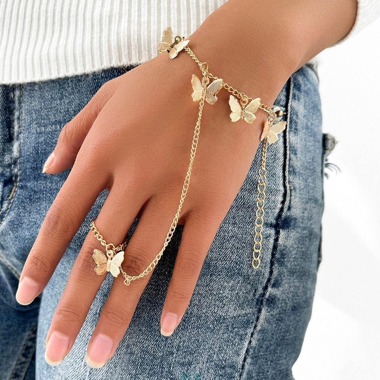 Gold butterfly hand chain, slave bracelet, ring bracelet, finger link chain, charm hand chain bracelet, layering hand peice jewelry, boho