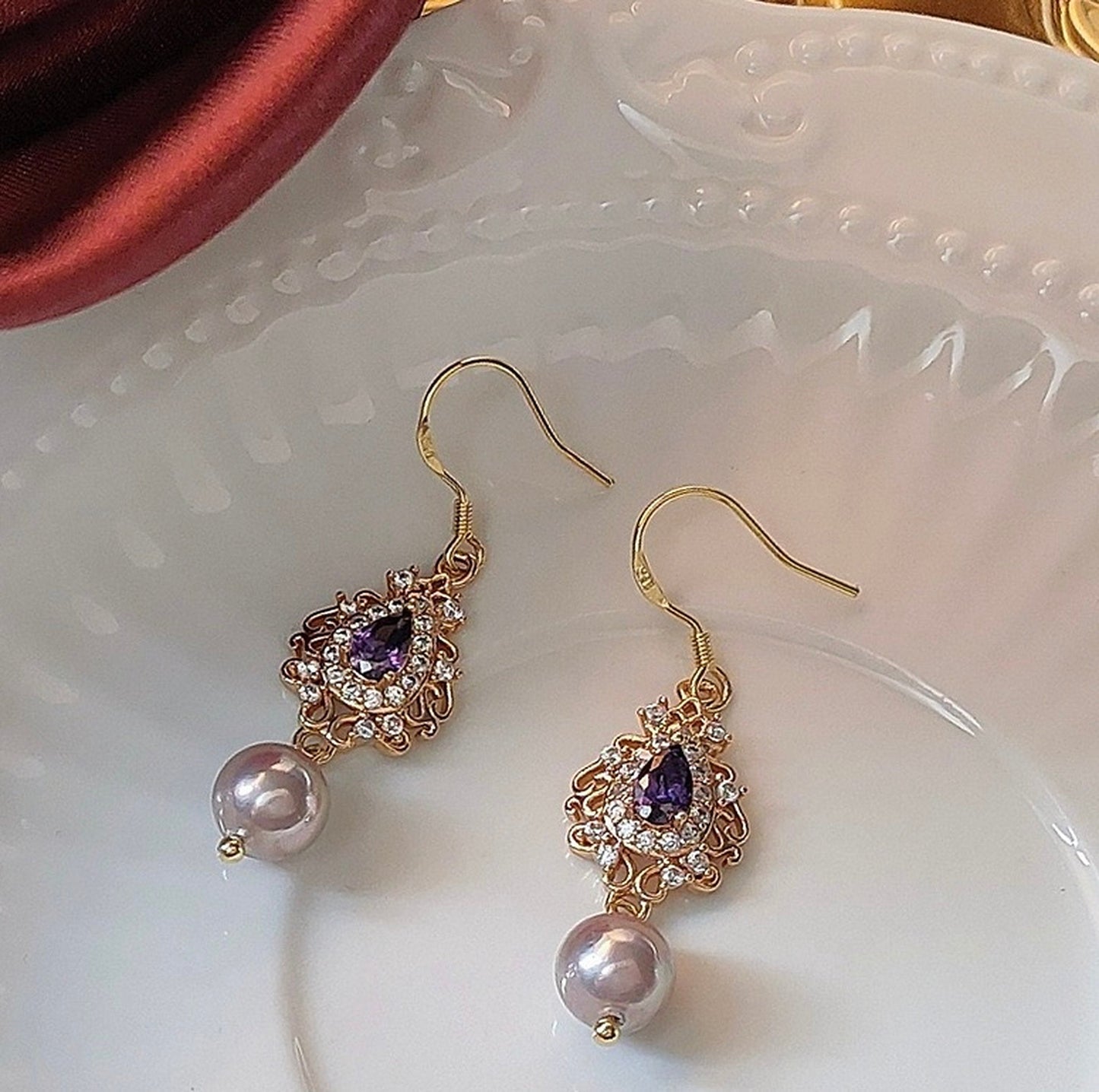 Purple pearl 14K gold lace earrings, Amethyst teardrop diamond cz earrings, Purple Bridesmaid wedding handmade gifts, Vintage style jewelry