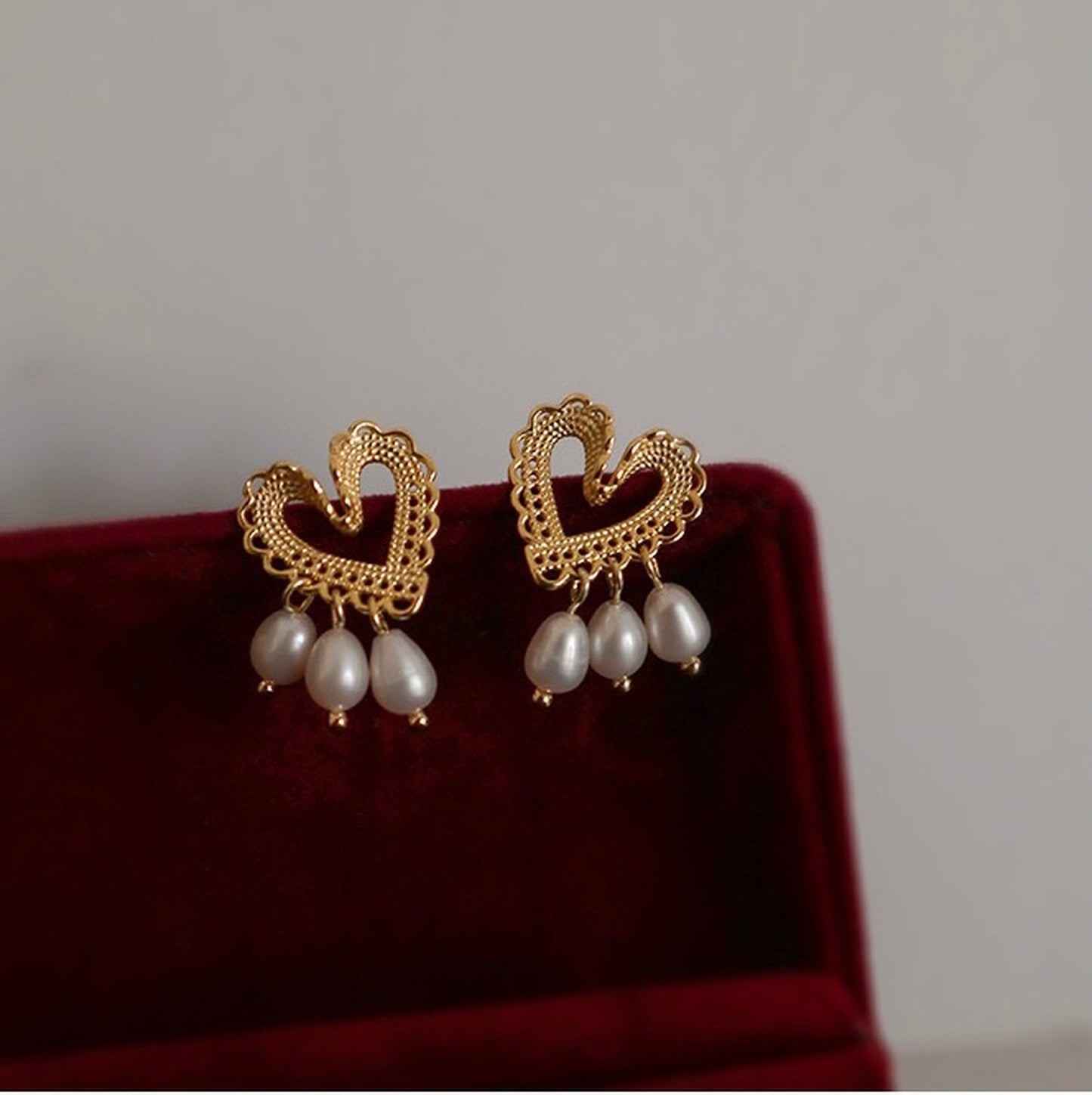 Romantic gold lace heart stud earrings, Freshwater pearl drop dangle earrings, Vintage baroque jewelry, Hallow heart hoop earrings, Delicate