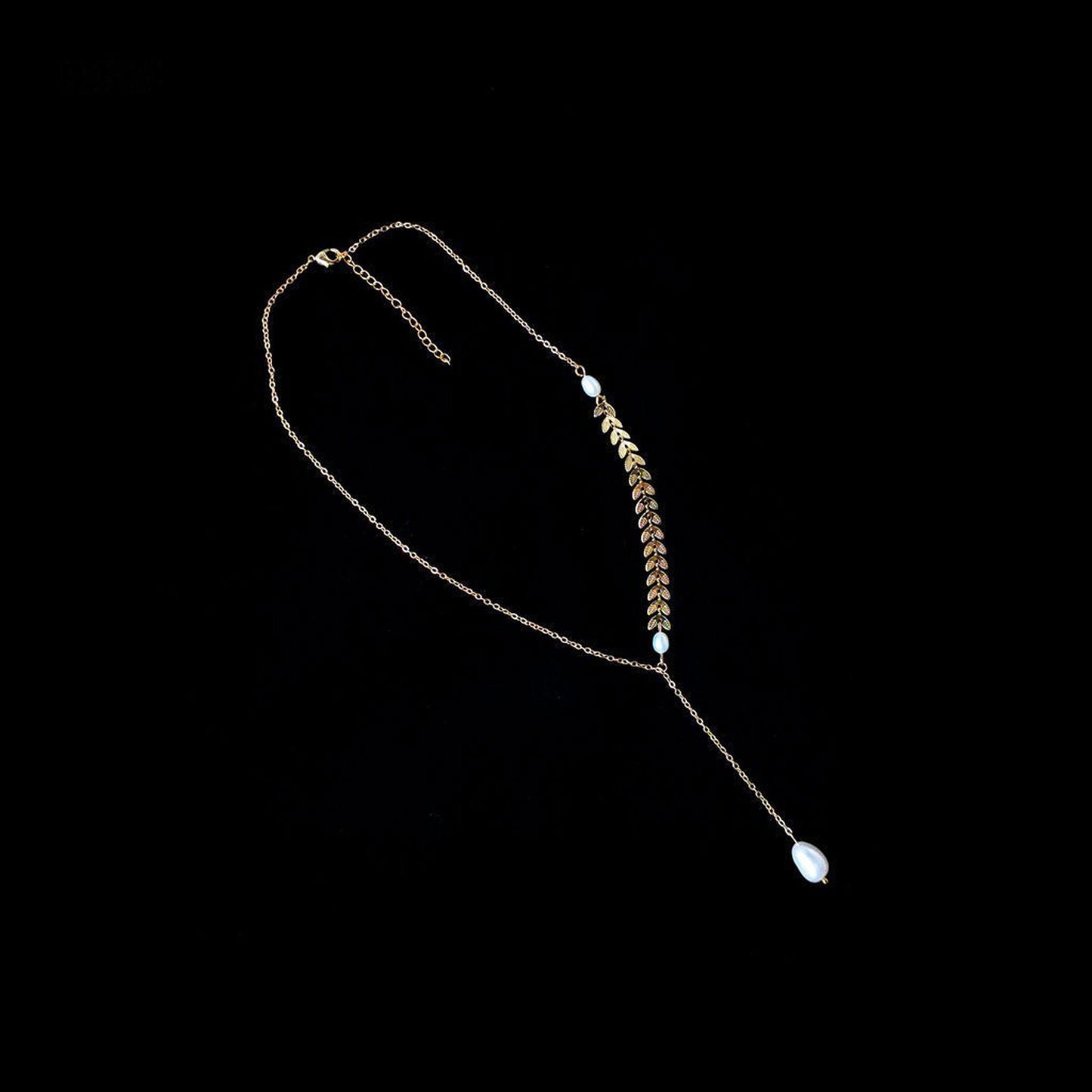 14K Gold Real Pearl Necklace, 2 Way Y Lariat Necklace, Ear of Wheat Necklace, Olive Leaf Vine Necklace, Dainty Curving Bar Layering Necklace