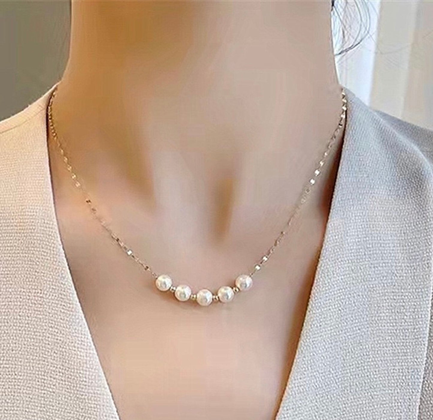 Natural Freshwater Pearl Layered Necklace, 14K Gold Curved Bar Chain Necklace, Minimalist Layer Necklace, Dainty Mirror Chain Necklace, Gift