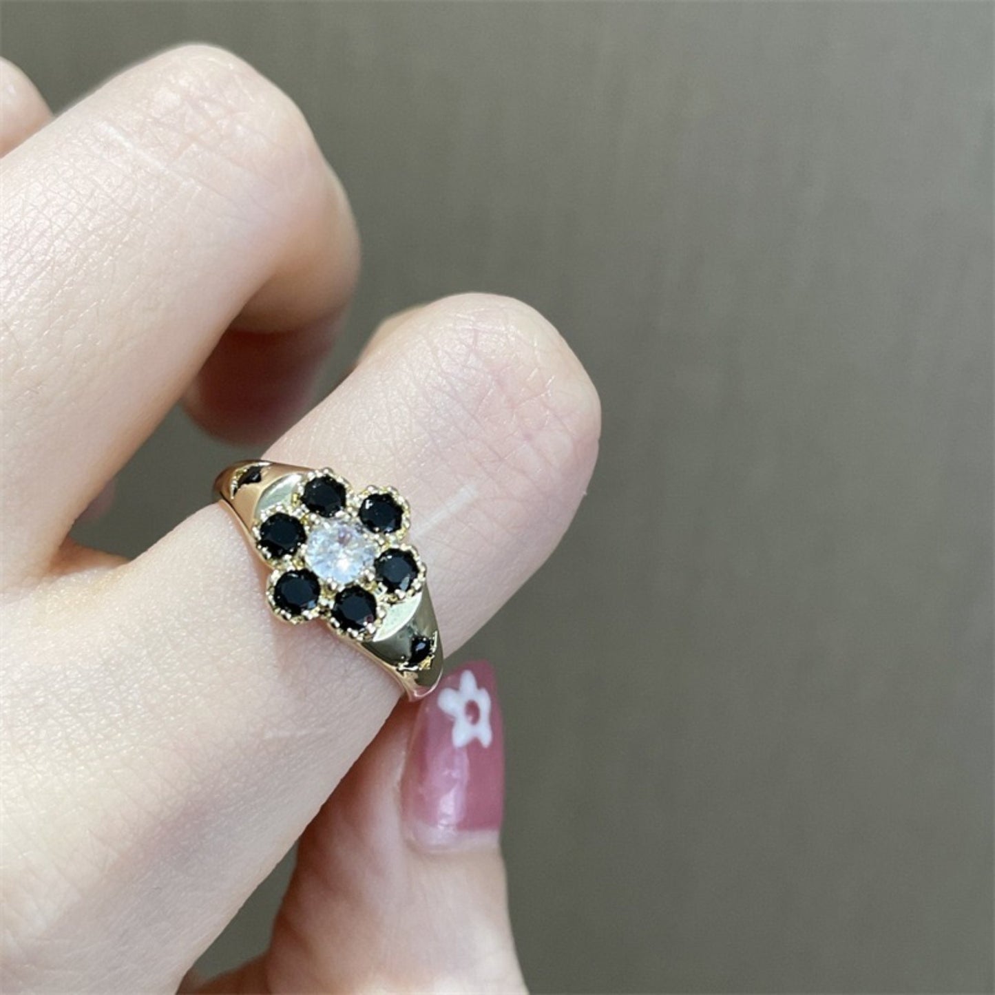 Gothic black statement rings, Chunky unisex cocktail rings, Gold flora rings, Black onyx zircon ring, Stacking rings, Birthstone rings, Gift