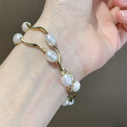 2 Way Natural Pearl Bracelet, Gold Baroque Pearl Double Layered Bracelet Choker, Boho Wedding Bridesmaid Bracelet Necklace, Handmade Gift