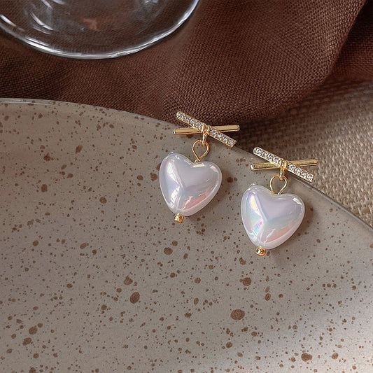 Romantic White Pearl Heart Chunky Stud Earrings | Delicate Gold Bow Ribbon Earrings