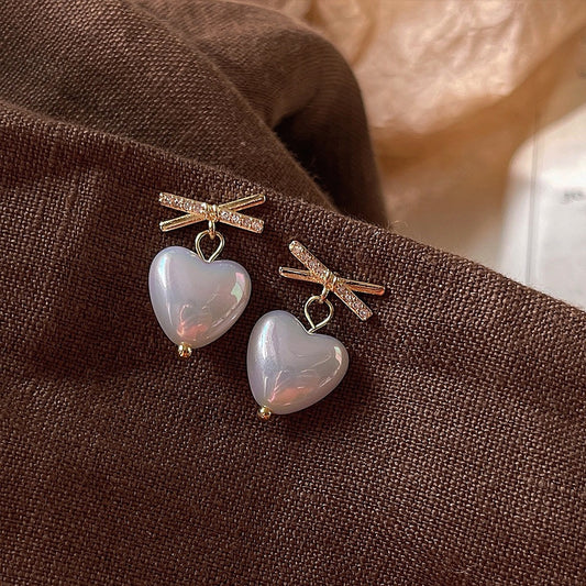 Romantic Heart Pearl Chunky Stud Earrings, Gold Bow Ribbon Earrings, Delicate Minimalist Earrings, Dainty Bridemaid Gift, Anniversary Gift