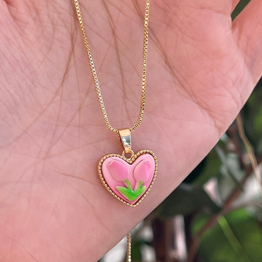 Pink tulip flower pendant necklace, Pink heart charm necklace, 14K gold box chain layer choker, Birthday Christmas gift, Y2K cute aesthetic