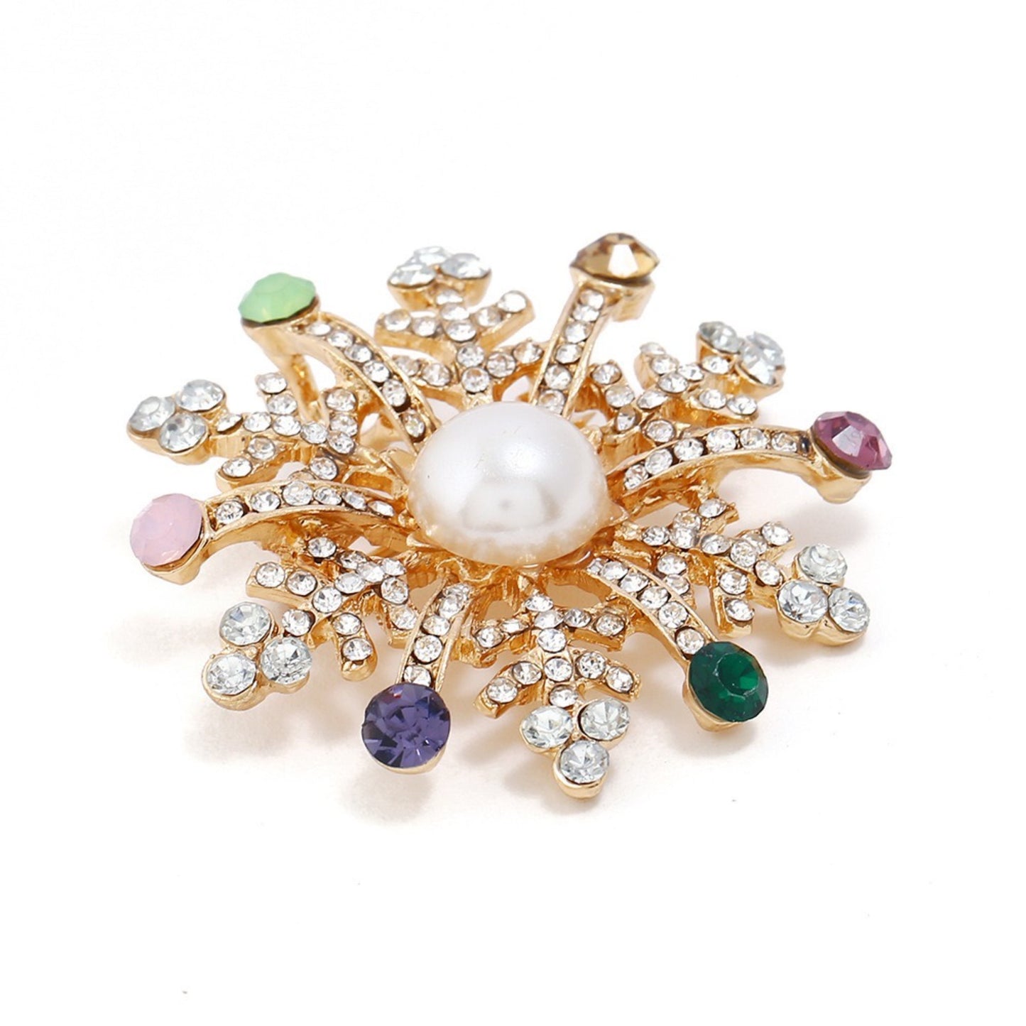 Sparkling Snowflake Brooch, Winter Holiday Christmas Accessory Jewelry, Gold Pearl Cubic Zirconia Brooch, Handmade Christmas Gift for women