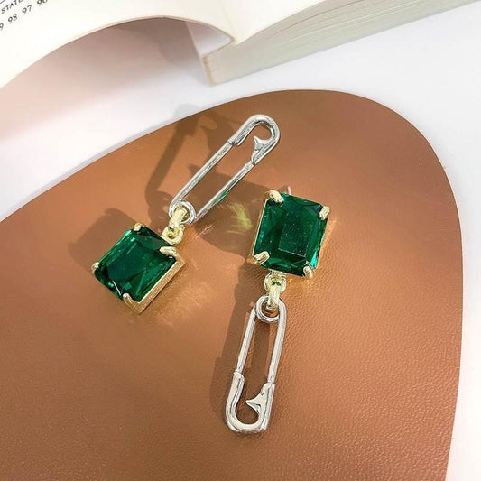 Creative Silver Pin Emerald Green Gemstone Earrings - Avant Garde Chunky Statement Earrings