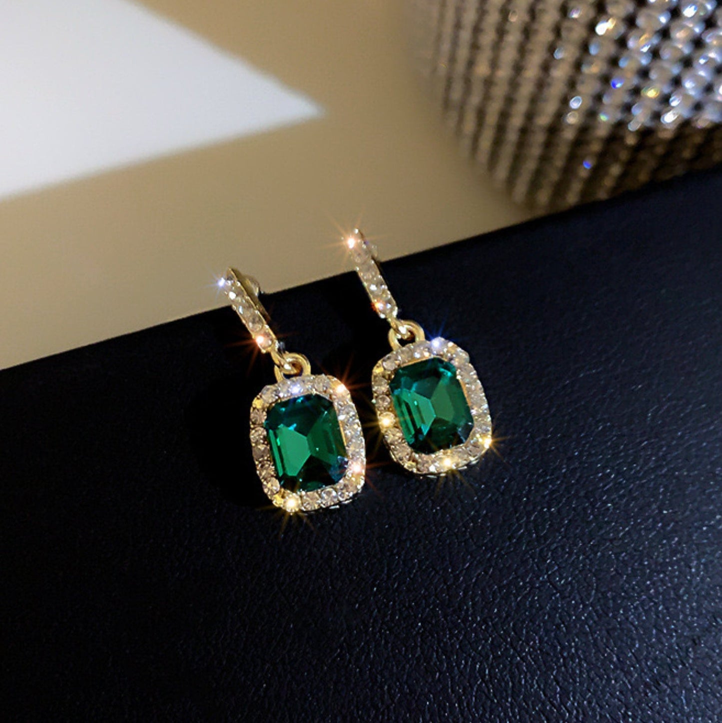Emerald green gold lace earrings, Rectangle emerald drop dangle earrings, Dainty emerald wedding bridal bridesmaid gift earrings, Minimalist
