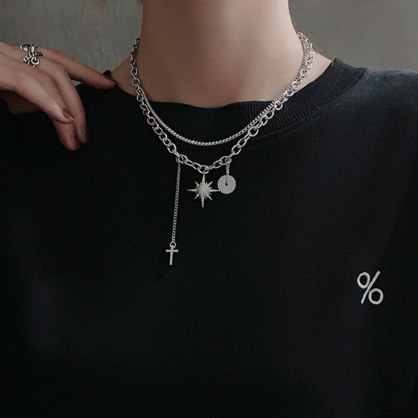 K-pop BTS style necklace choker, Double layer silver chain necklace, Gothic Dark style punk necklace, North star choker with charm, Unisex