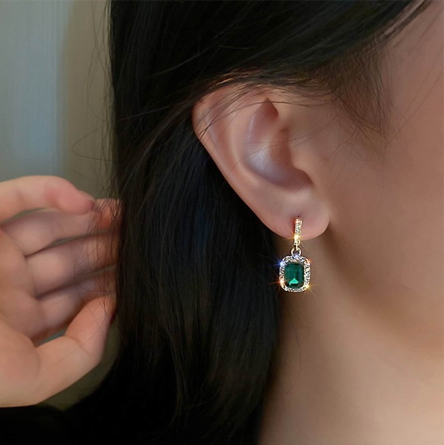 Emerald green gold lace earrings, Rectangle emerald drop dangle earrings, Dainty emerald wedding bridal bridesmaid gift earrings, Minimalist
