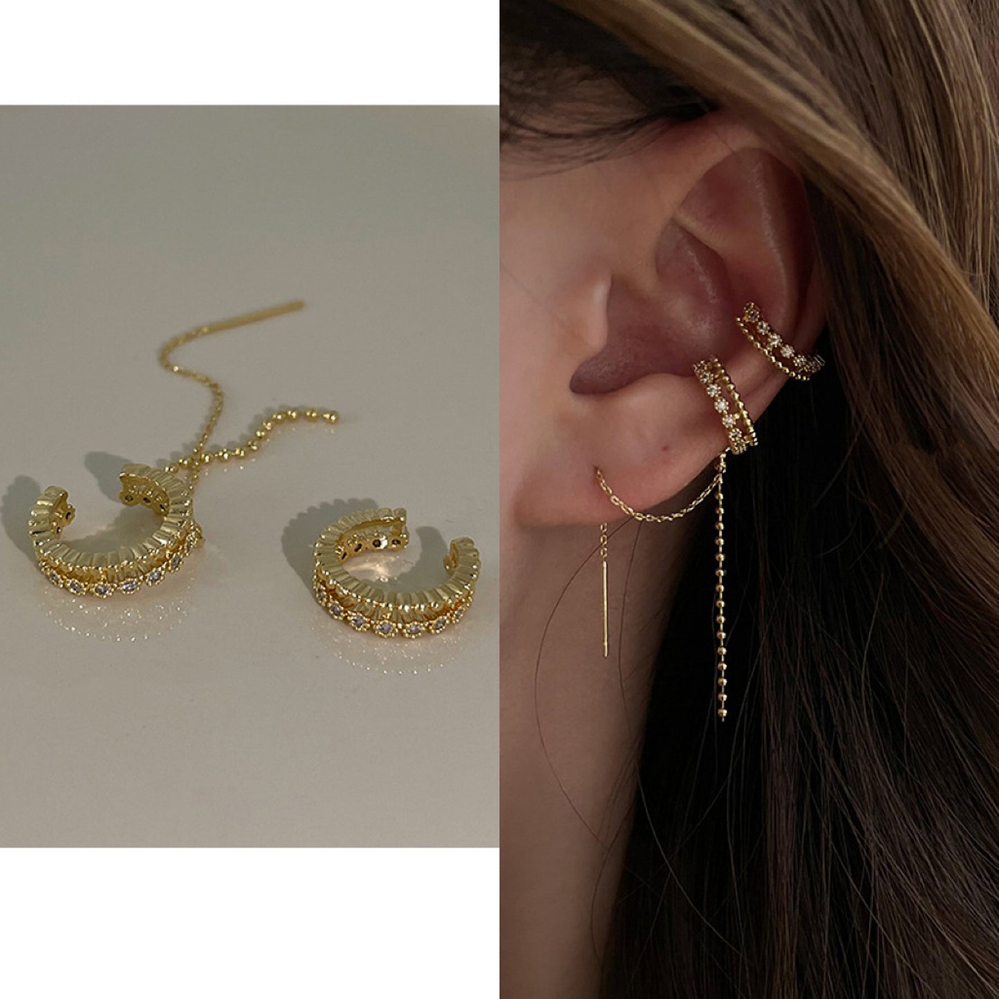 Double layer dangle ear cuff threaders, Gold lace cuff earrings, Gold ear climber threaders set, Delicate helix earrings, Everyday jewelry