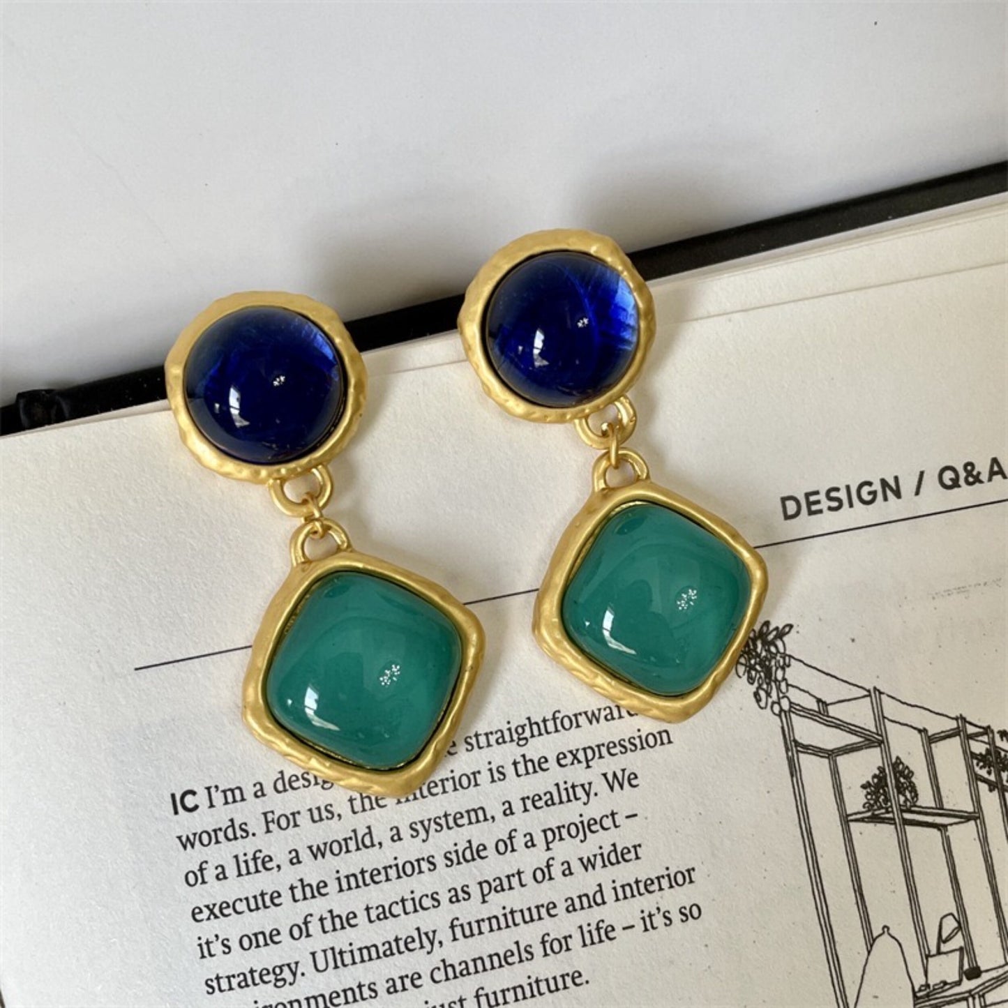 90s vintage style earrings, Aqua green royal blue earrings, Two tone statement earrings, Antique gold dangle drop earrings, Party earrings