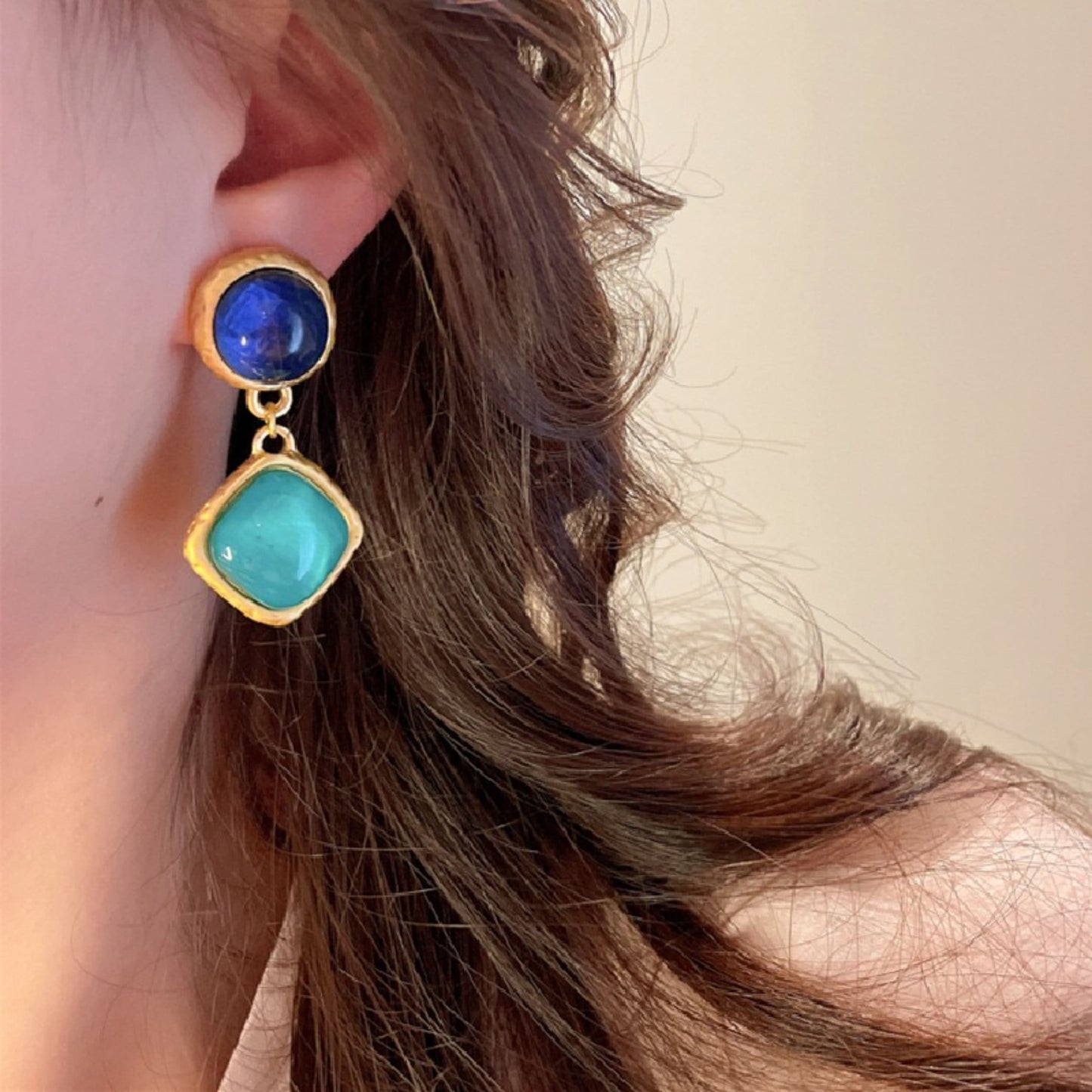 90s vintage style earrings, Aqua green royal blue earrings, Two tone statement earrings, Antique gold dangle drop earrings, Party earrings