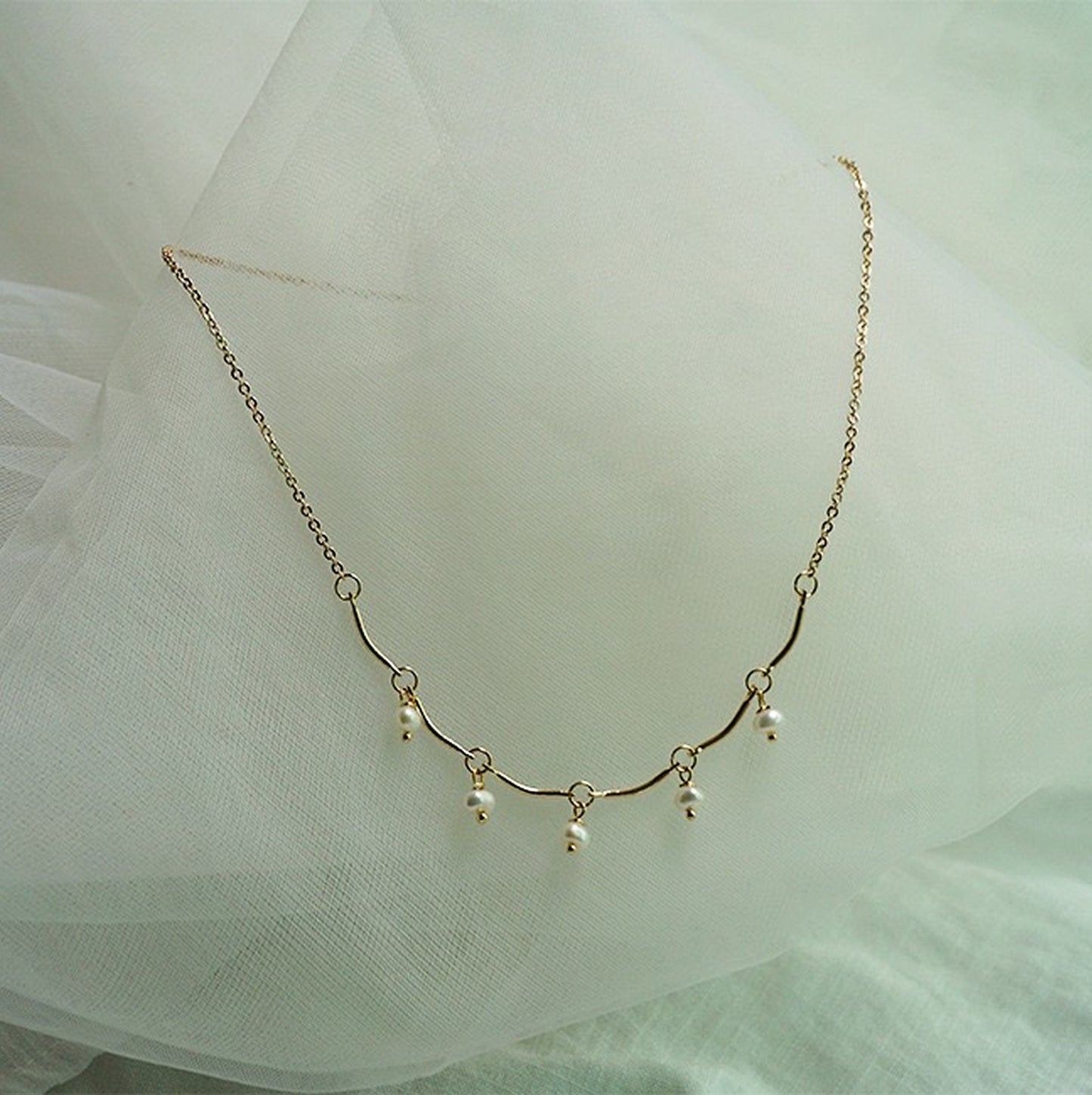 Pearl Curved Bar Link Necklace, Natural Pearl Floating Necklace, Multi layer Pearl Drop Necklace, Bridal Bridesmaid Wedding Necklace Gifts,