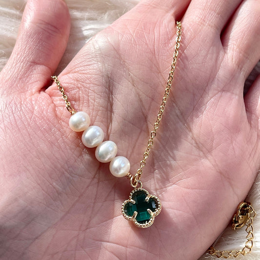 Emerald Natural Pearl Gold Necklace | Lucky Clover Leaf Green Emerald Necklace