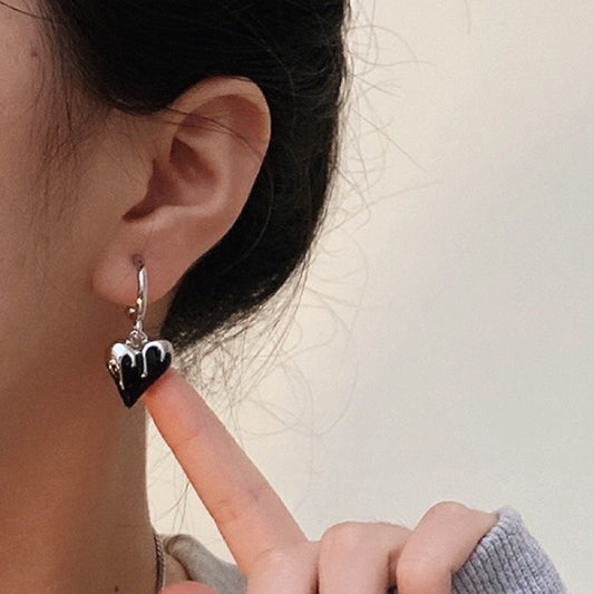 Cyberpunk Black Melting Heart Dangle Earrings - Unisex Silver Hoop Tattoo Graffiti Jewelry