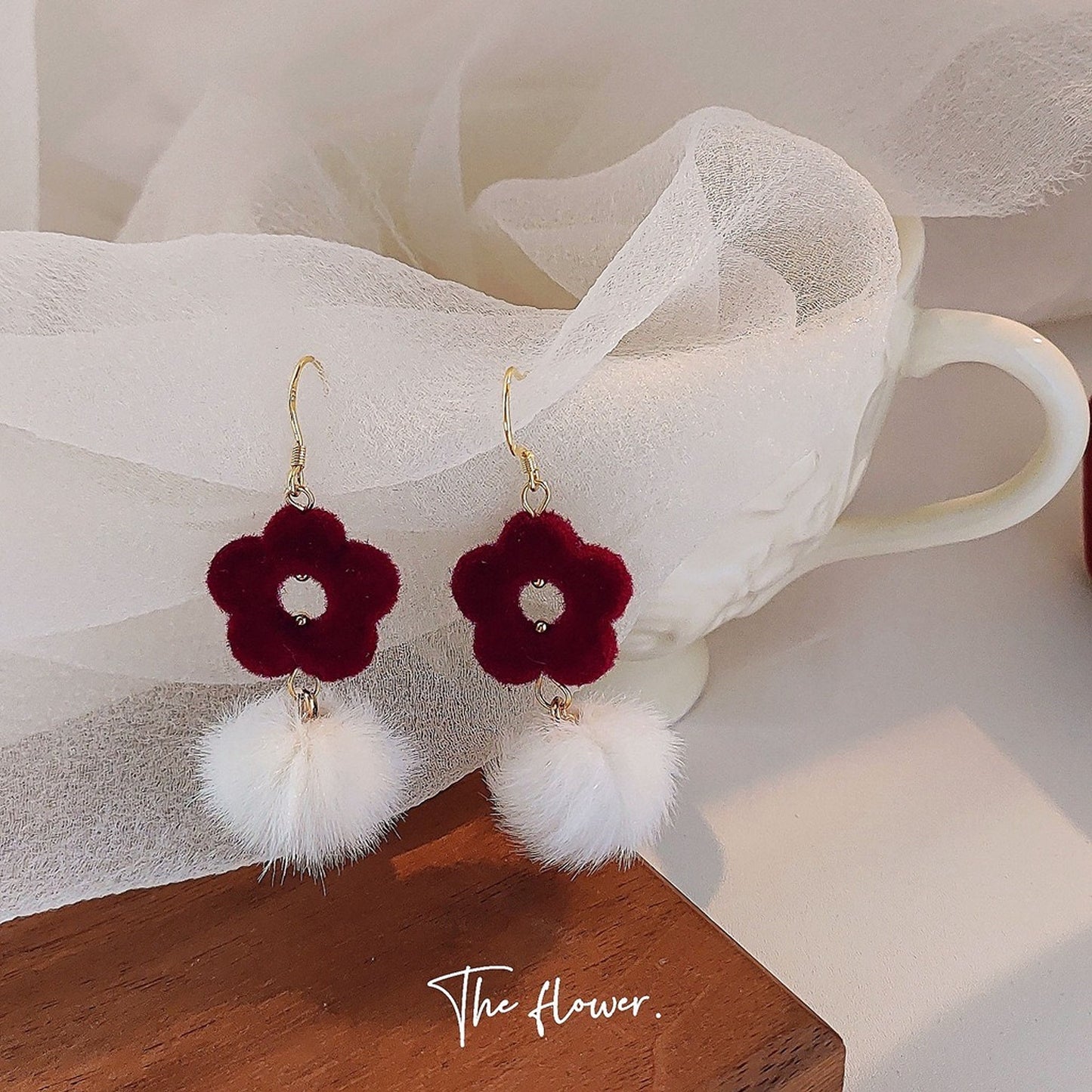 Red Velvet Rose Flower Earrings, Pom Pom Drop Fluffy Fur Earrings, Handmade Crochet Earrings, Valentine's Day Jewelry, Romantic Gift for Her