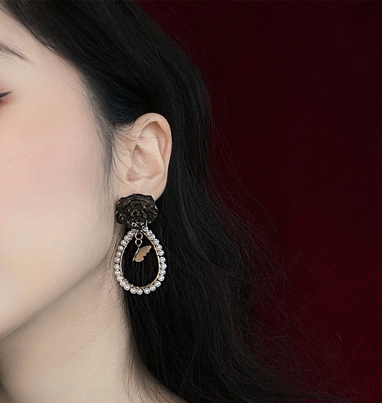 Dark Lolita Princess Earrings, Black Rose Earring, Mismatch Dangle Tassel Earrings, Gold Layered Butterfly Earrings, Pearl Teardrop Earrings