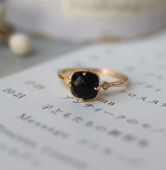 Vintage Style Black Gemstone Cushion Ring - Handmade Black Onyx Agate Gold Band