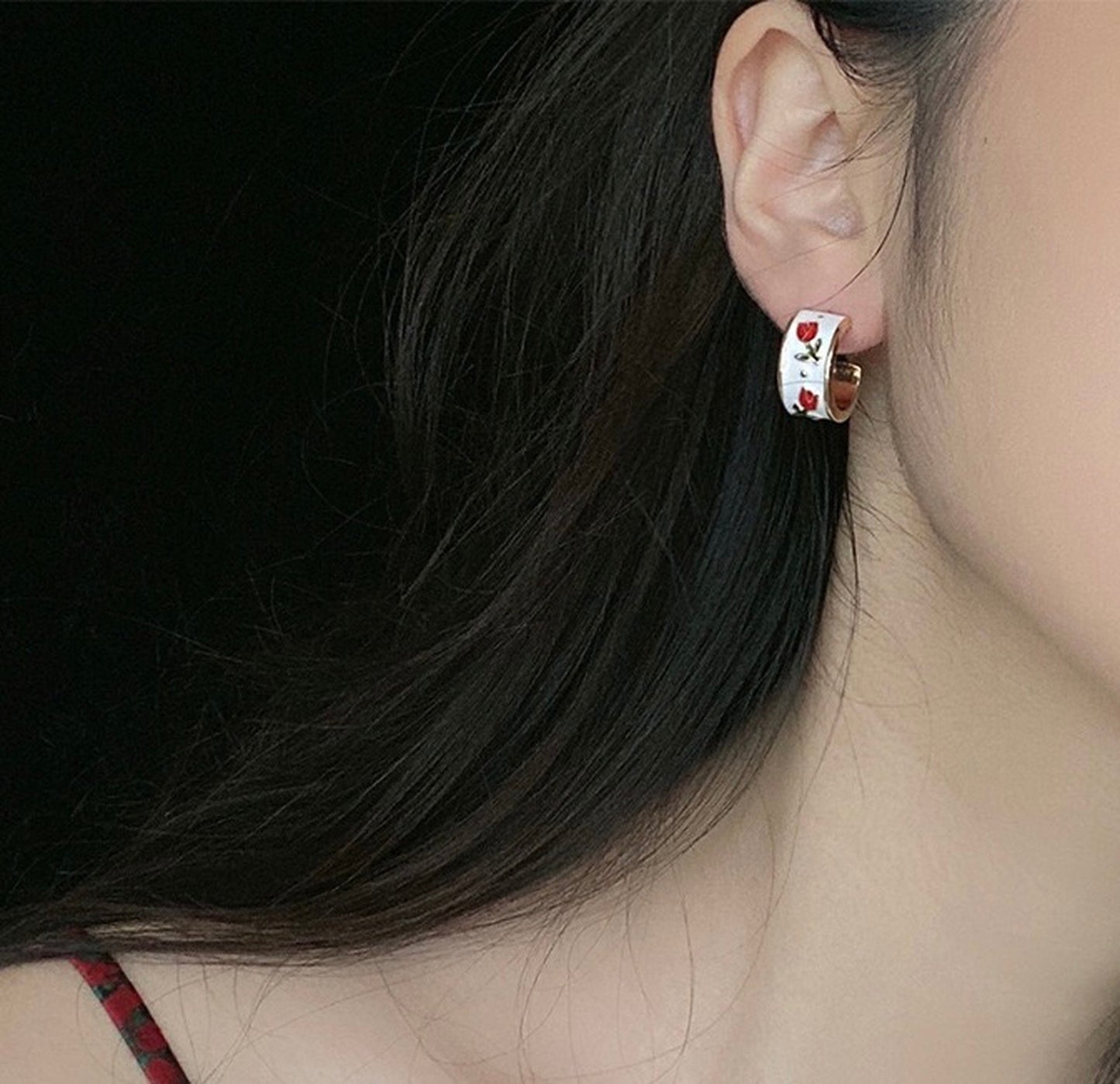Red Rose Earrings, Flower Hoop Earrings, Handmade Gold Ear Studs, Parisian Vintage Antique Earrings, Romantic Earrings, Wave Curve Earrings