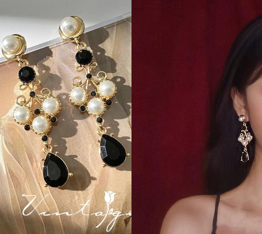 Gothic Black Teardrop Earrings, Victorian Luxury Earrings, Gold Lace Earrings, Baroque Pearl Earrings, Black Onyx Jewelry, Fan Drop Earrings