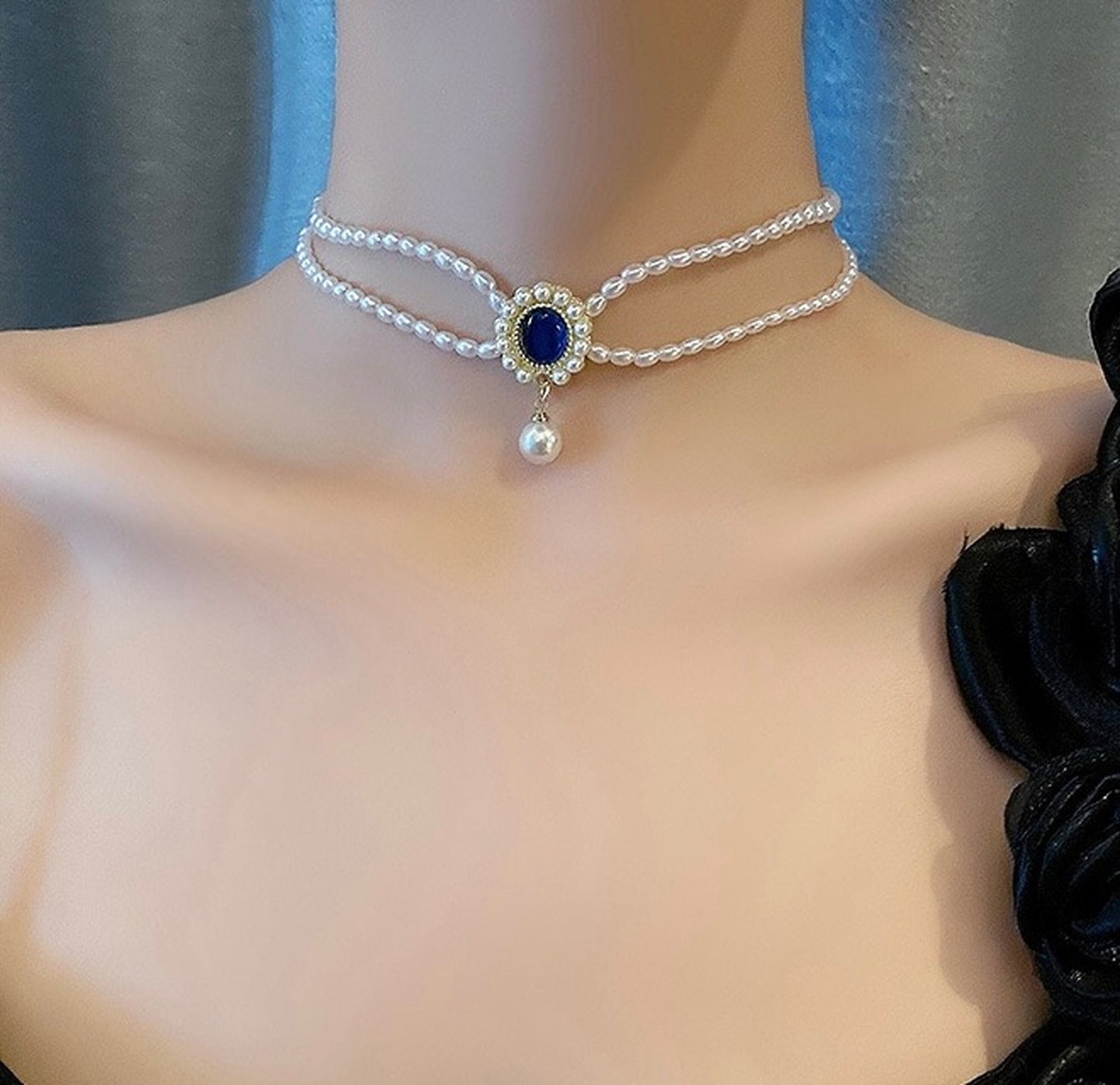 Vintage Style Double Layer Necklace, Blue Pendnat Necklace, Double Layer Pearl Bead Choker, Gothic Choker, Gatsby Party Jewelry, Handmade
