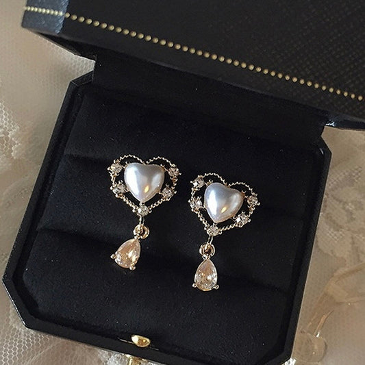 Romantic Pearl Heart Teardrop Earrings - Gold Lace Heart Dangle Earrings