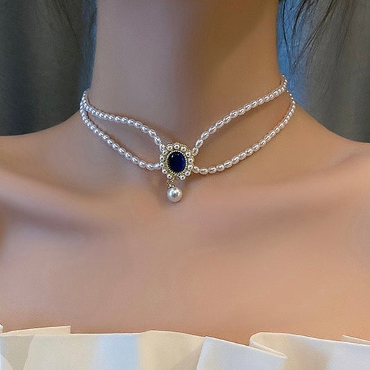 Vintage Style Double Layer Necklace, Blue Pendnat Necklace, Double Layer Pearl Bead Choker, Gothic Choker, Gatsby Party Jewelry, Handmade